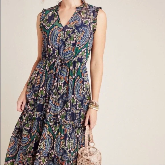 Anthropologie Elmira Boho Paisley Midi Dress Size 4 Tiered Ruffle Trim Small - Picture 2 of 13